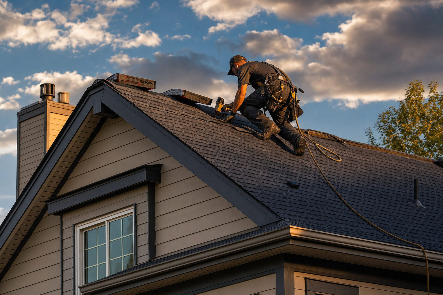 Roofing contractor installing architectural shingles on a residential roof at golden hour