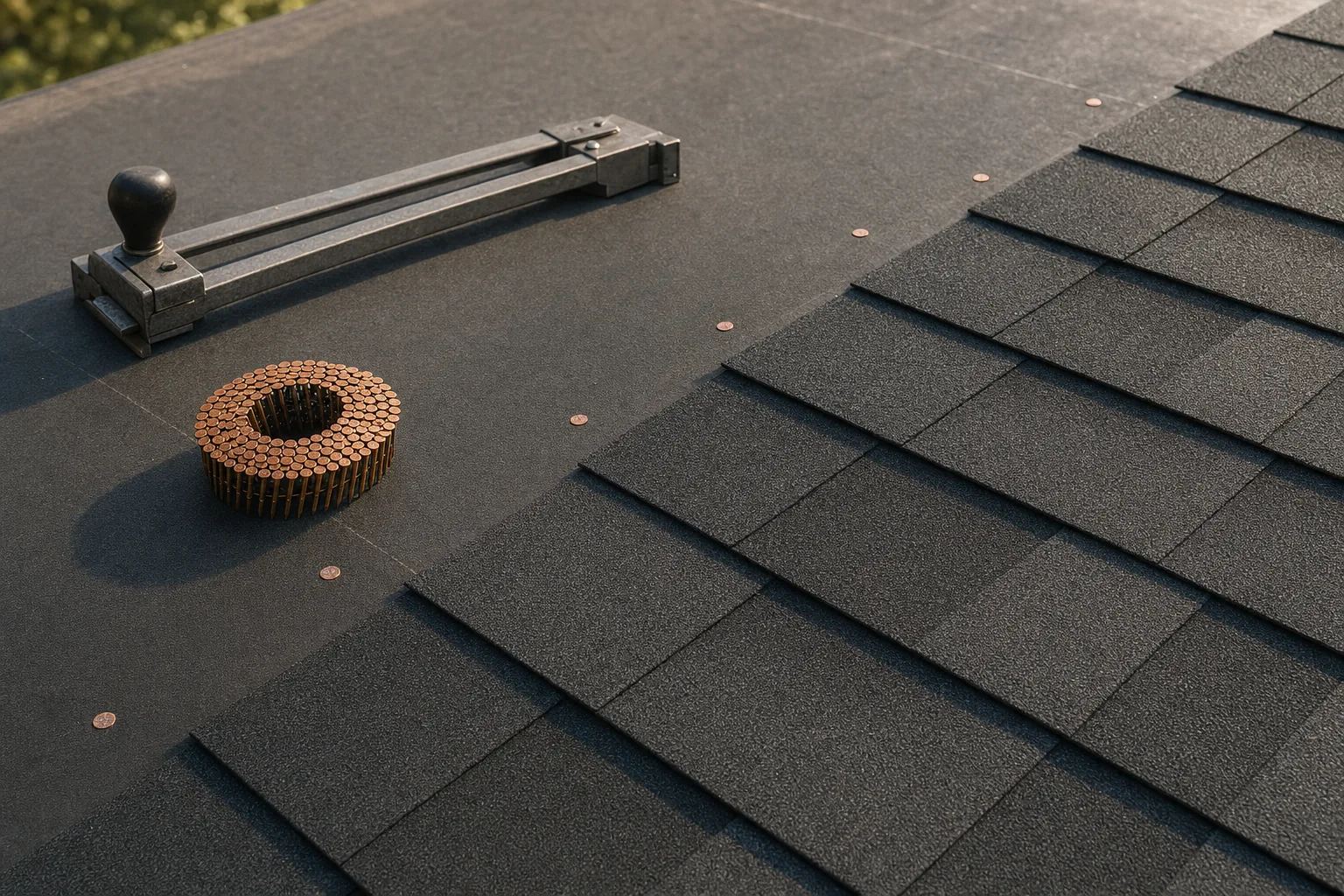 Charcoal architectural shingles installed on a roof deck