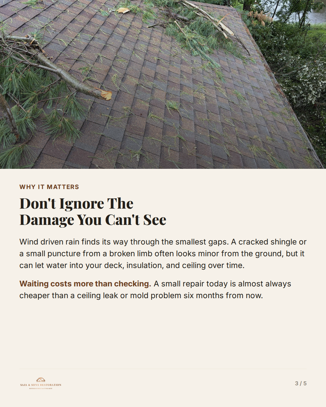 Infographic: 5 signs your roof took a hit after a storm, including missing shingles, granules in gutters, water stains, dented gutters, and cracked siding