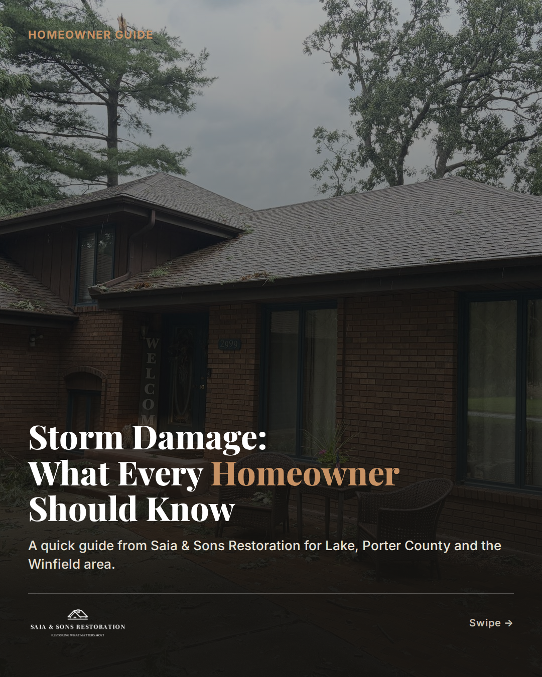 Storm damage homeowner guide cover: a Northwest Indiana home with storm debris on the roof after high winds