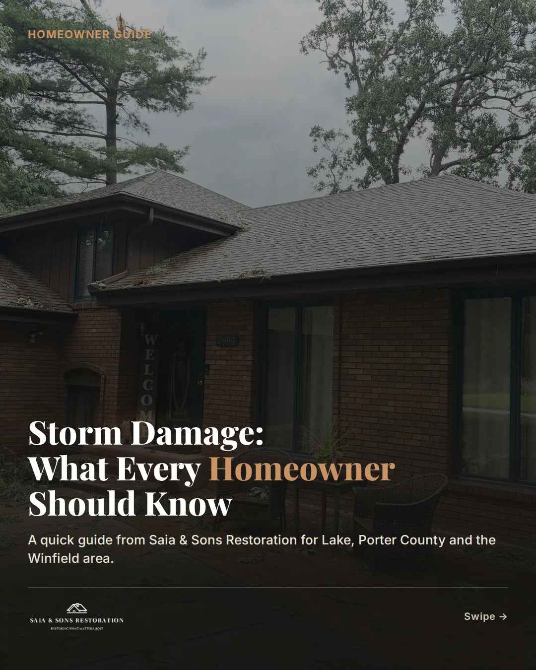 Storm damage homeowner guide cover: a Northwest Indiana home with storm debris on the roof after high winds